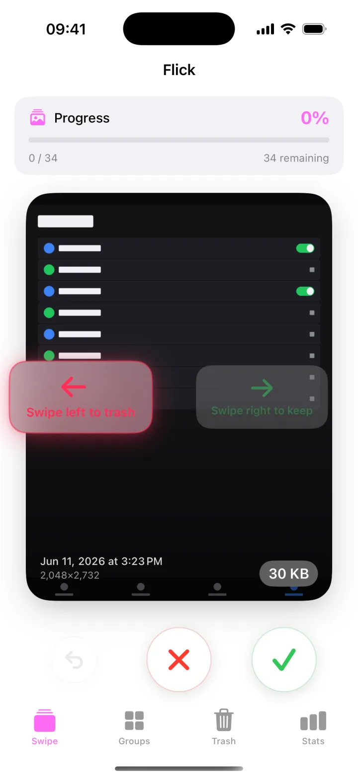 Flick on iPhone — swiping a photo card: left deletes, right keeps