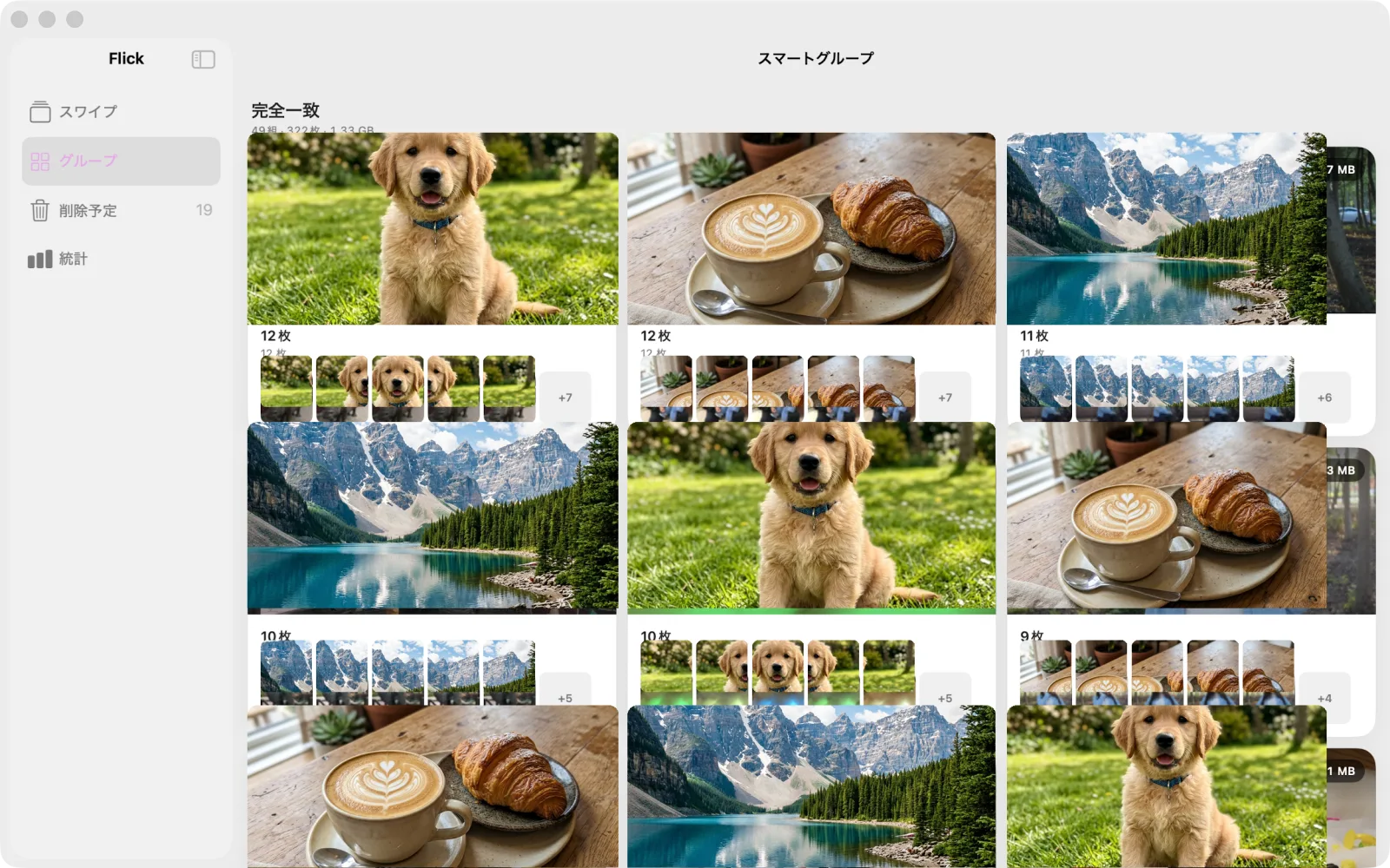Mac 版 Flick — スマートグループが完全に同じ写真を自動検出